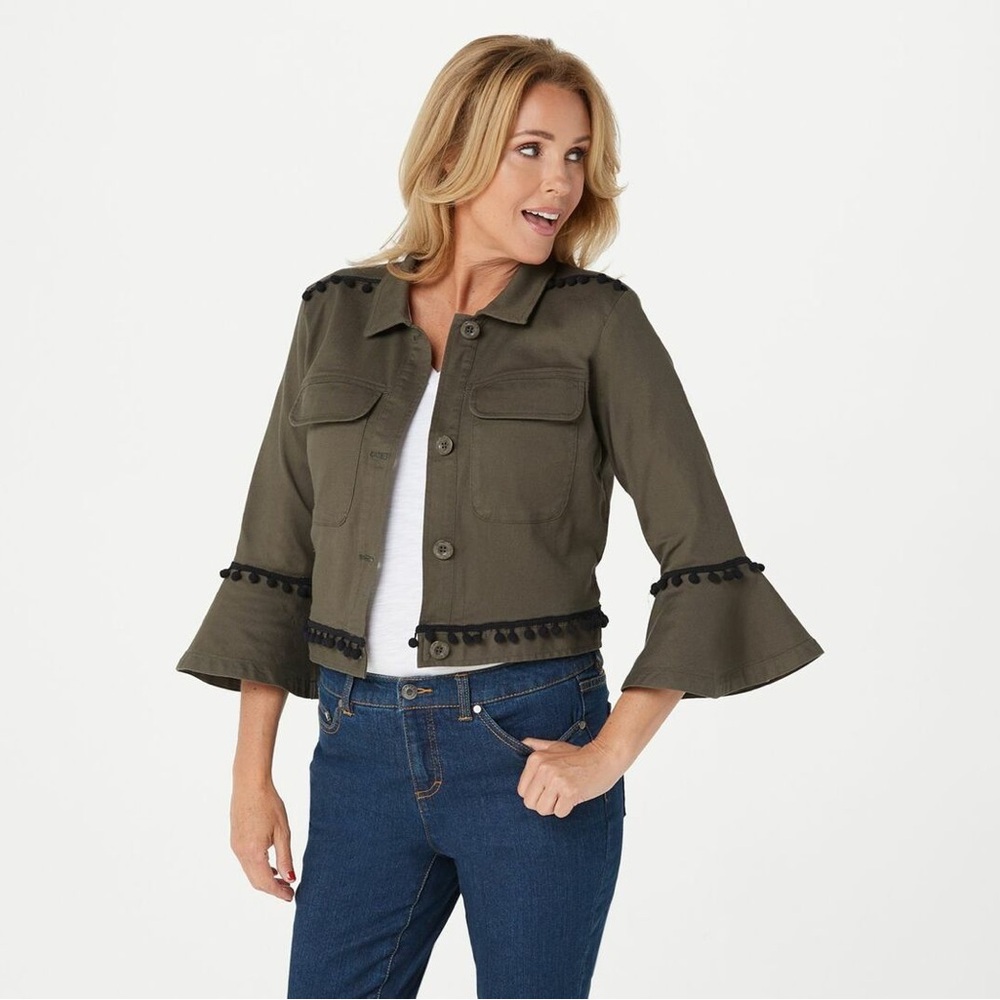 NWOT Du Jour Olive Green Cropped Bell Sleeve Pom Pom Trim Twill Jacket